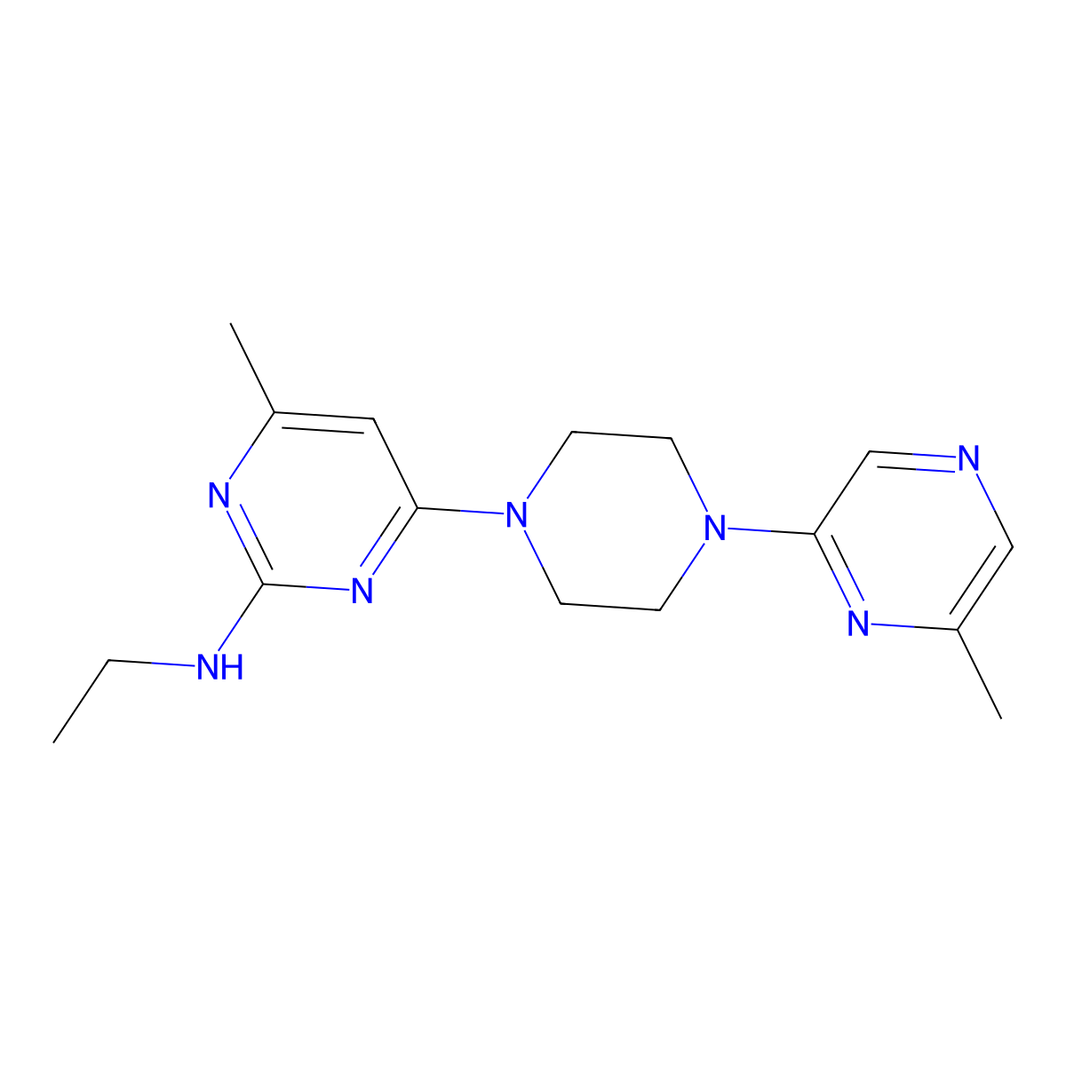 N-ethyl-4-methyl-6-[4-(6-methylpyrazin-2-yl)piperazin-1-yl]pyrimidin-2-amine molecular structure, CAS 2640888-62-4