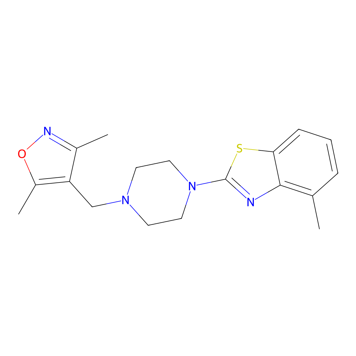 2-{4-[(3,5-Dimethyl-1,2-oxazol-4-yl)methyl]piperazin-1-yl}-4-methyl-1,3-benzothiazole molecular structure, CAS 2640888-65-7