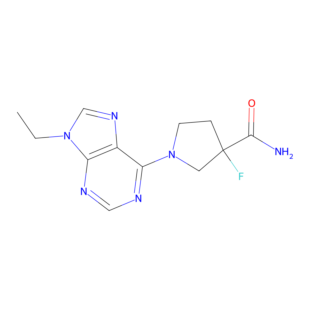 1-(9-ethyl-9H-purin-6-yl)-3-fluoropyrrolidine-3-carboxamide molecular structure, CAS 2640888-69-1