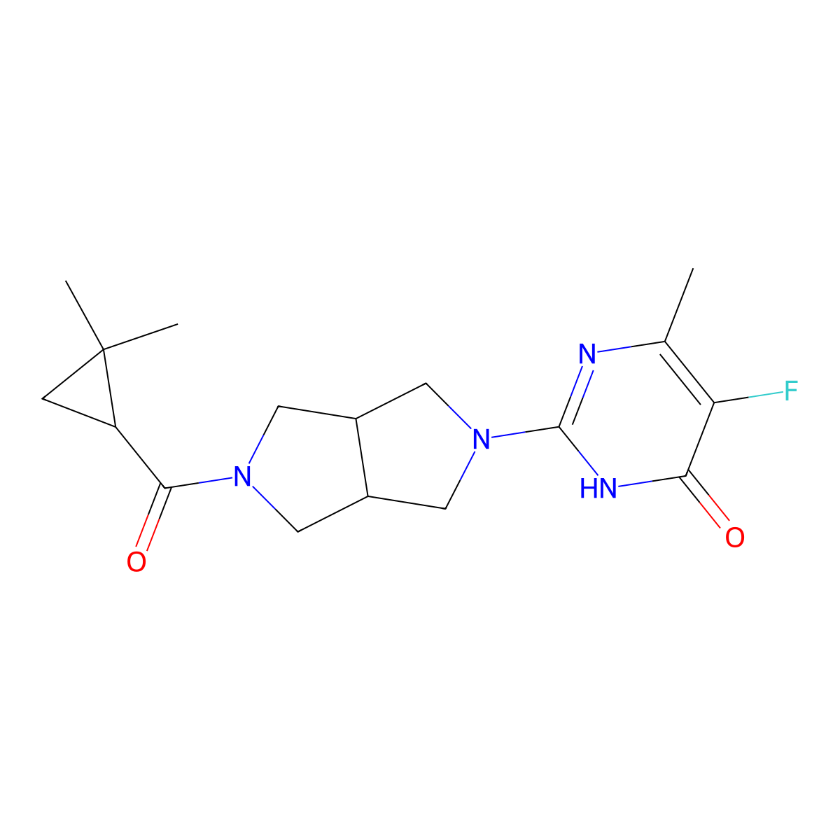 2-[5-(2,2-Dimethylcyclopropanecarbonyl)-octahydropyrrolo[3,4-c]pyrrol-2-yl]-5-fluoro-6-methyl-3,4-dihydropyrimidin-4-one molecular structure, CAS 2640888-76-0