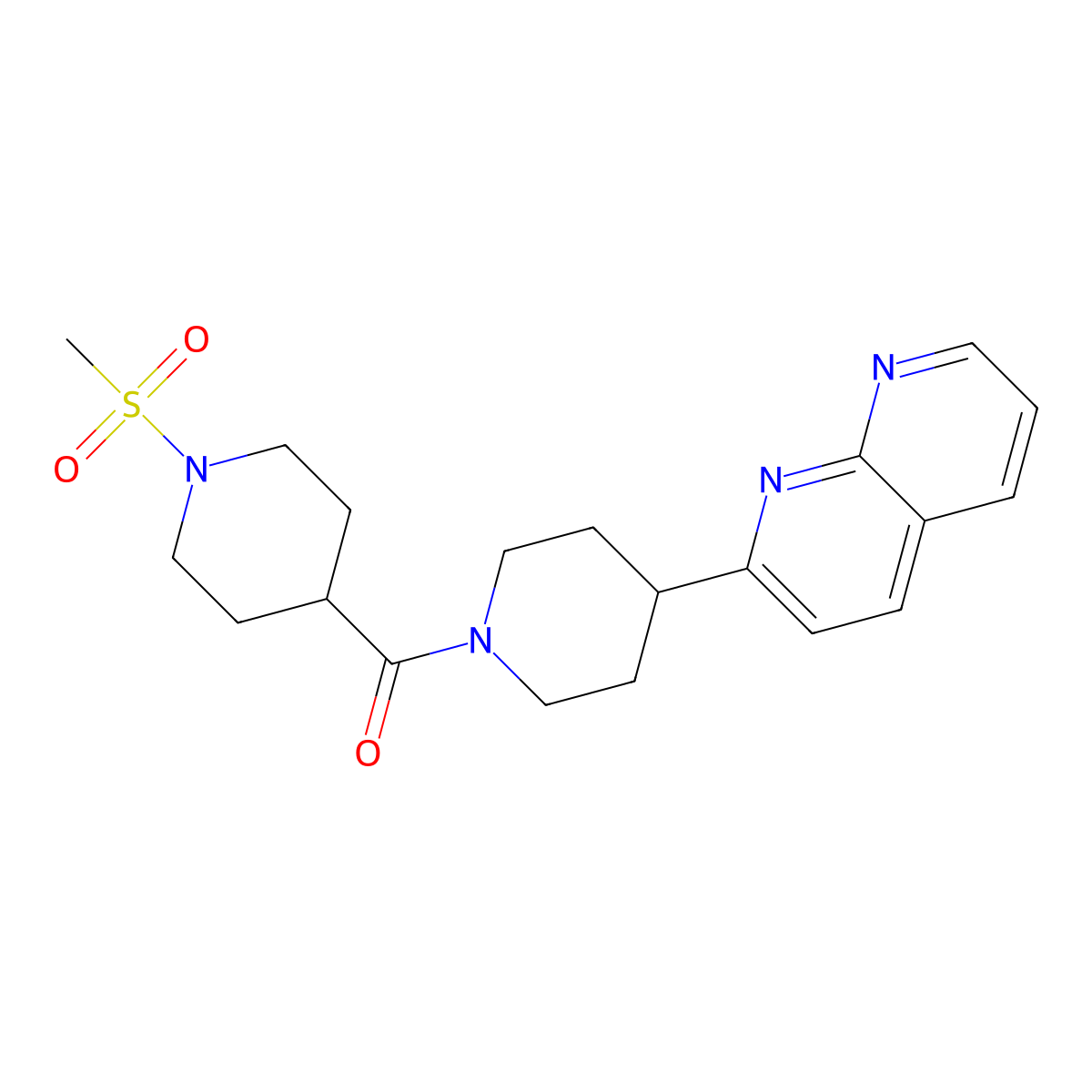 2-[1-(1-Methanesulfonylpiperidine-4-carbonyl)piperidin-4-yl]-1,8-naphthyridine molecular structure, CAS 2640888-81-7