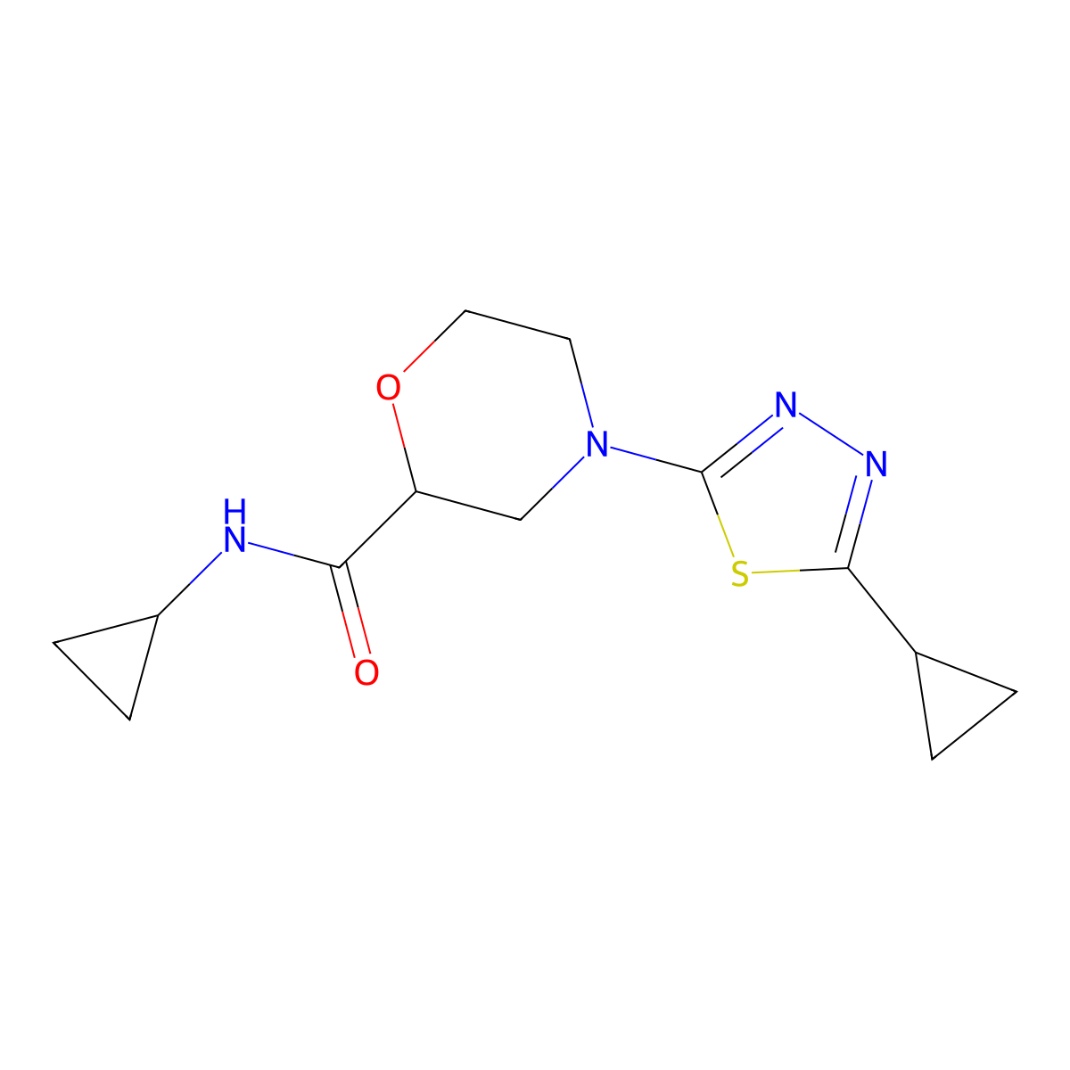 N-cyclopropyl-4-(5-cyclopropyl-1,3,4-thiadiazol-2-yl)morpholine-2-carboxamide molecular structure, CAS 2640888-86-2