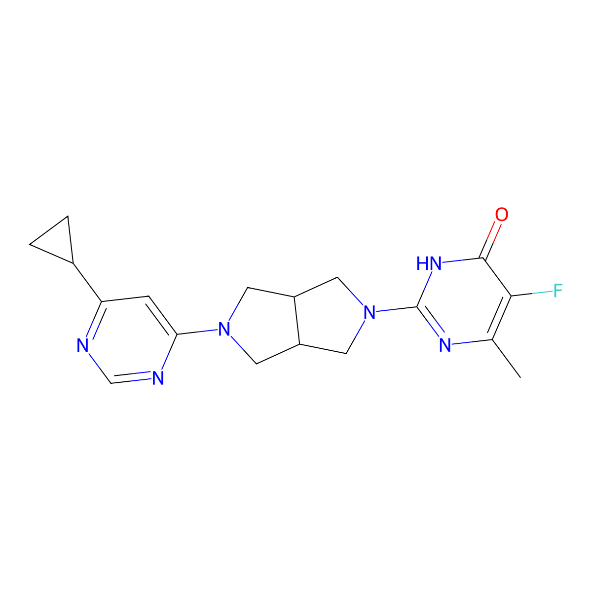 2-[5-(6-Cyclopropylpyrimidin-4-yl)-octahydropyrrolo[3,4-c]pyrrol-2-yl]-5-fluoro-6-methyl-3,4-dihydropyrimidin-4-one molecular structure, CAS 2640888-89-5