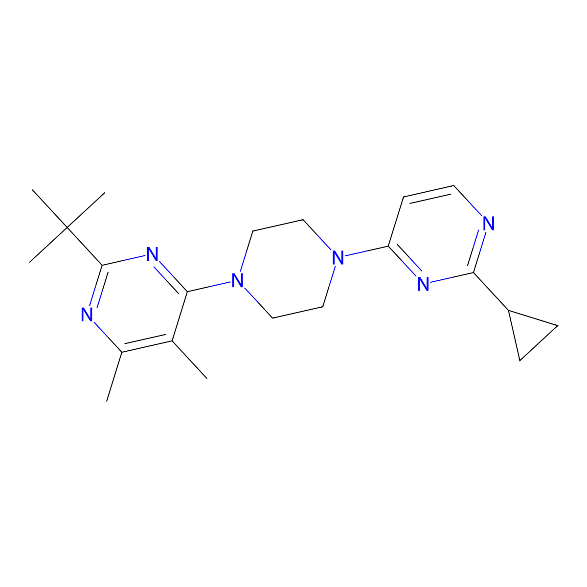 2-Tert-butyl-4-[4-(2-cyclopropylpyrimidin-4-yl)piperazin-1-yl]-5,6-dimethylpyrimidine molecular structure, CAS 2640888-91-9