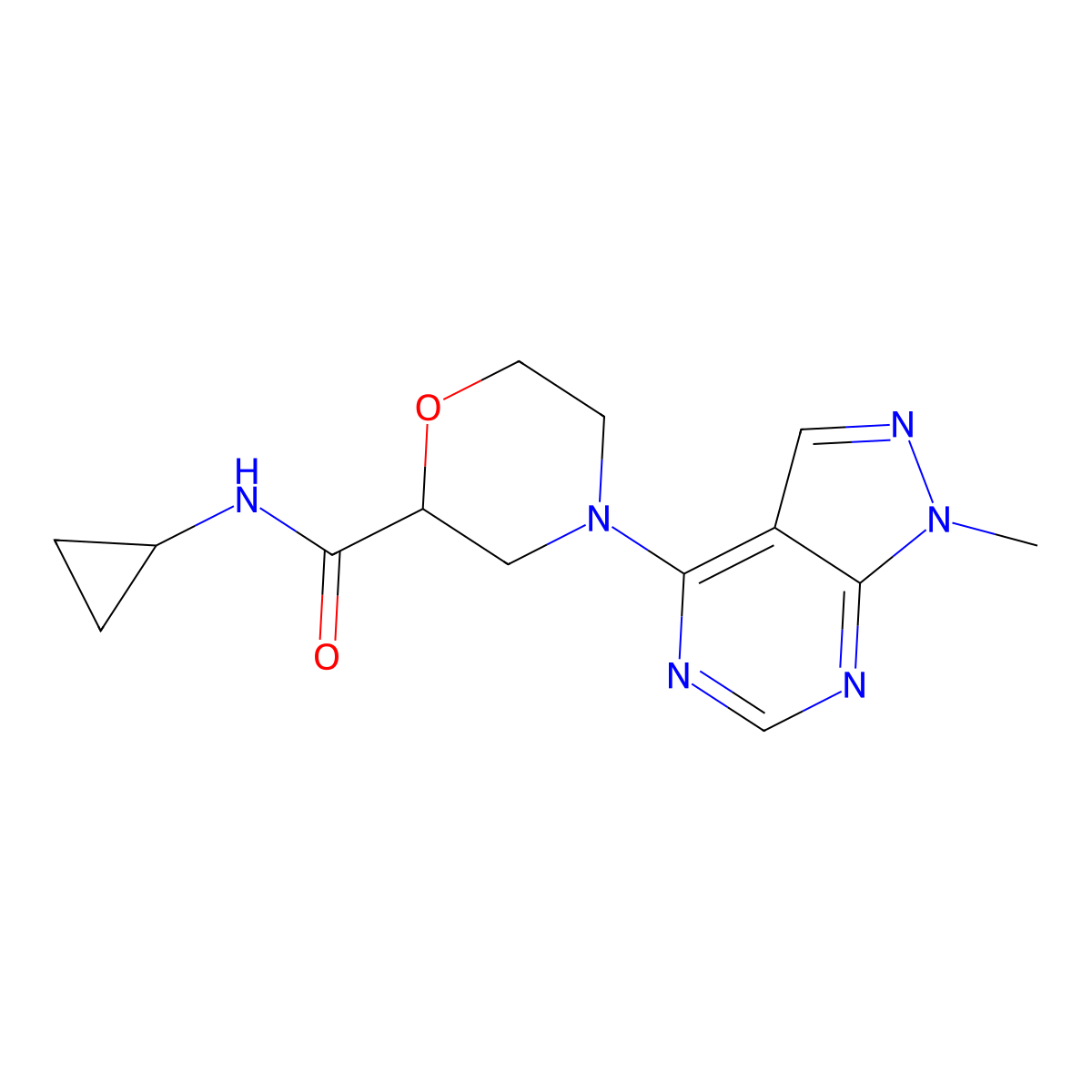 N-cyclopropyl-4-{1-methyl-1H-pyrazolo[3,4-d]pyrimidin-4-yl}morpholine-2-carboxamide molecular structure, CAS 2640888-96-4