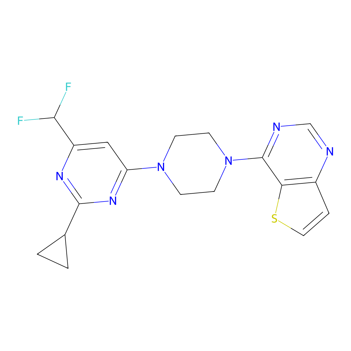 2-Cyclopropyl-4-(difluoromethyl)-6-(4-{thieno[3,2-d]pyrimidin-4-yl}piperazin-1-yl)pyrimidine molecular structure, CAS 2640888-99-7