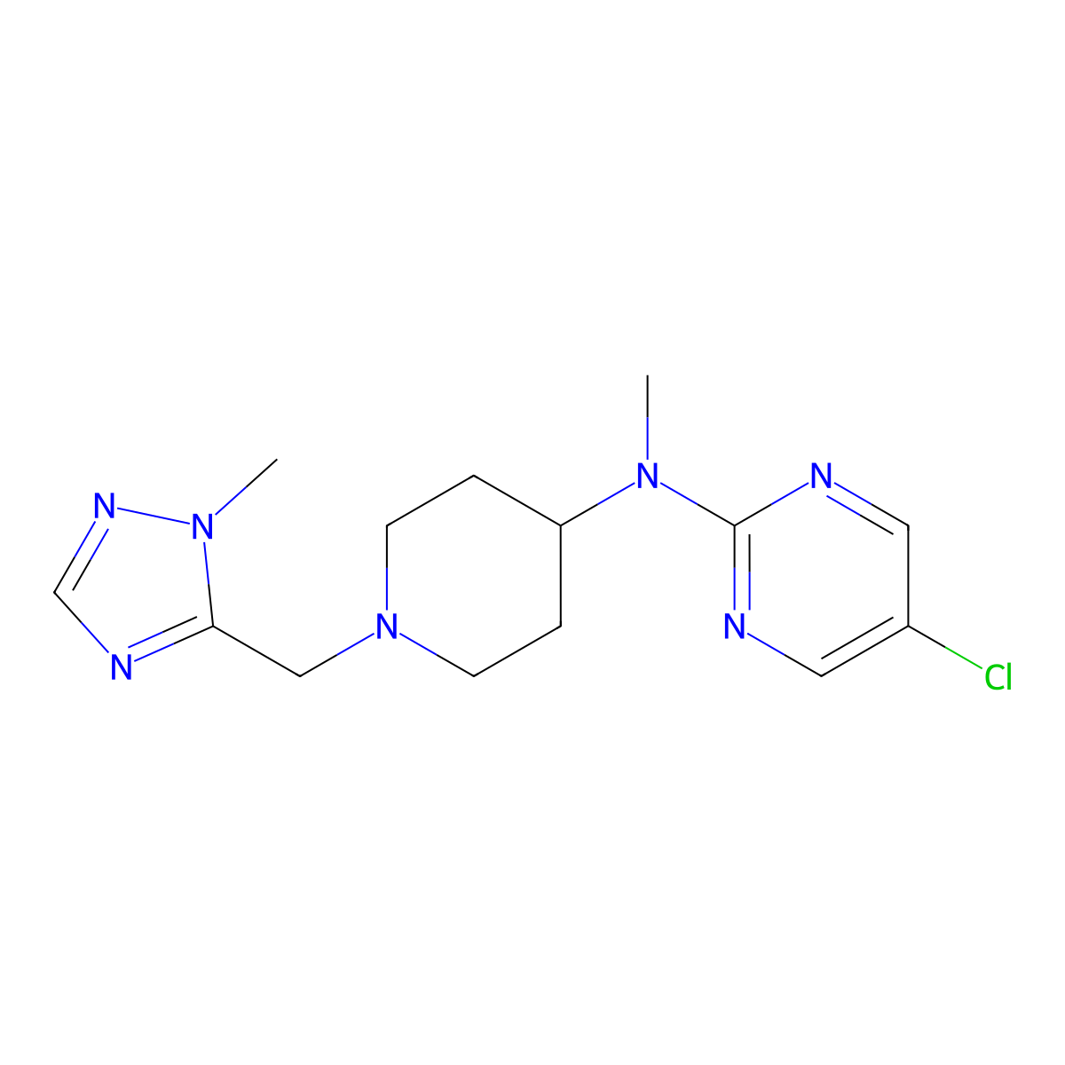 5-chloro-N-methyl-N-{1-[(1-methyl-1H-1,2,4-triazol-5-yl)methyl]piperidin-4-yl}pyrimidin-2-amine molecular structure, CAS 2640889-00-3