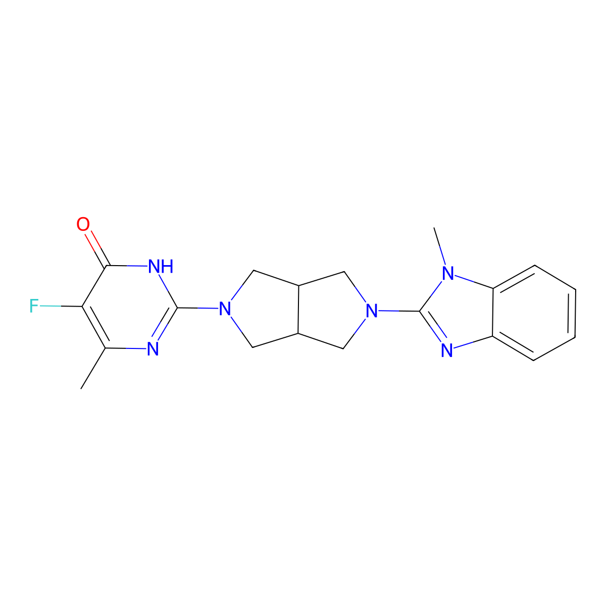 5-fluoro-6-methyl-2-[5-(1-methyl-1H-1,3-benzodiazol-2-yl)-octahydropyrrolo[3,4-c]pyrrol-2-yl]-3,4-dihydropyrimidin-4-one molecular structure, CAS 2640889-01-4