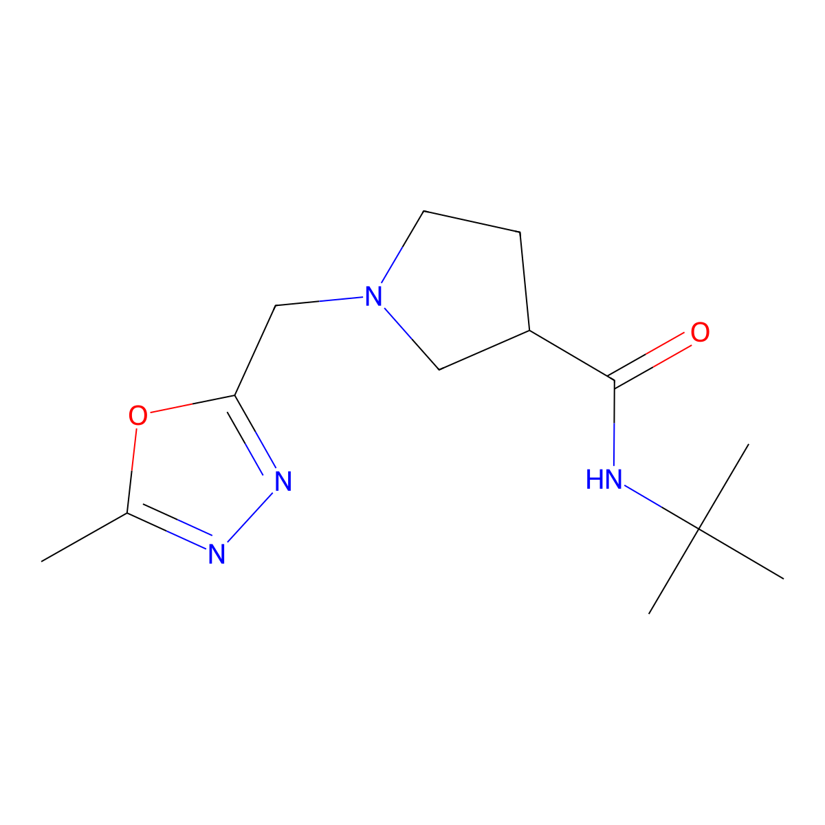 N-tert-butyl-1-[(5-methyl-1,3,4-oxadiazol-2-yl)methyl]pyrrolidine-3-carboxamide molecular structure, CAS 2640889-03-6