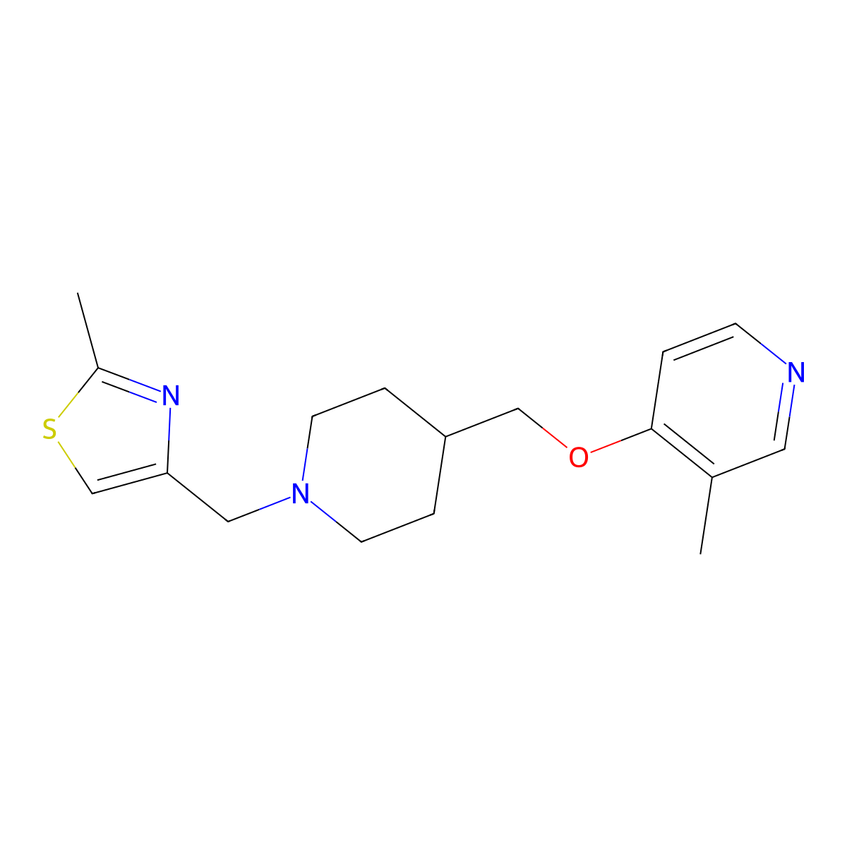 3-Methyl-4-({1-[(2-methyl-1,3-thiazol-4-yl)methyl]piperidin-4-yl}methoxy)pyridine molecular structure, CAS 2640889-17-2