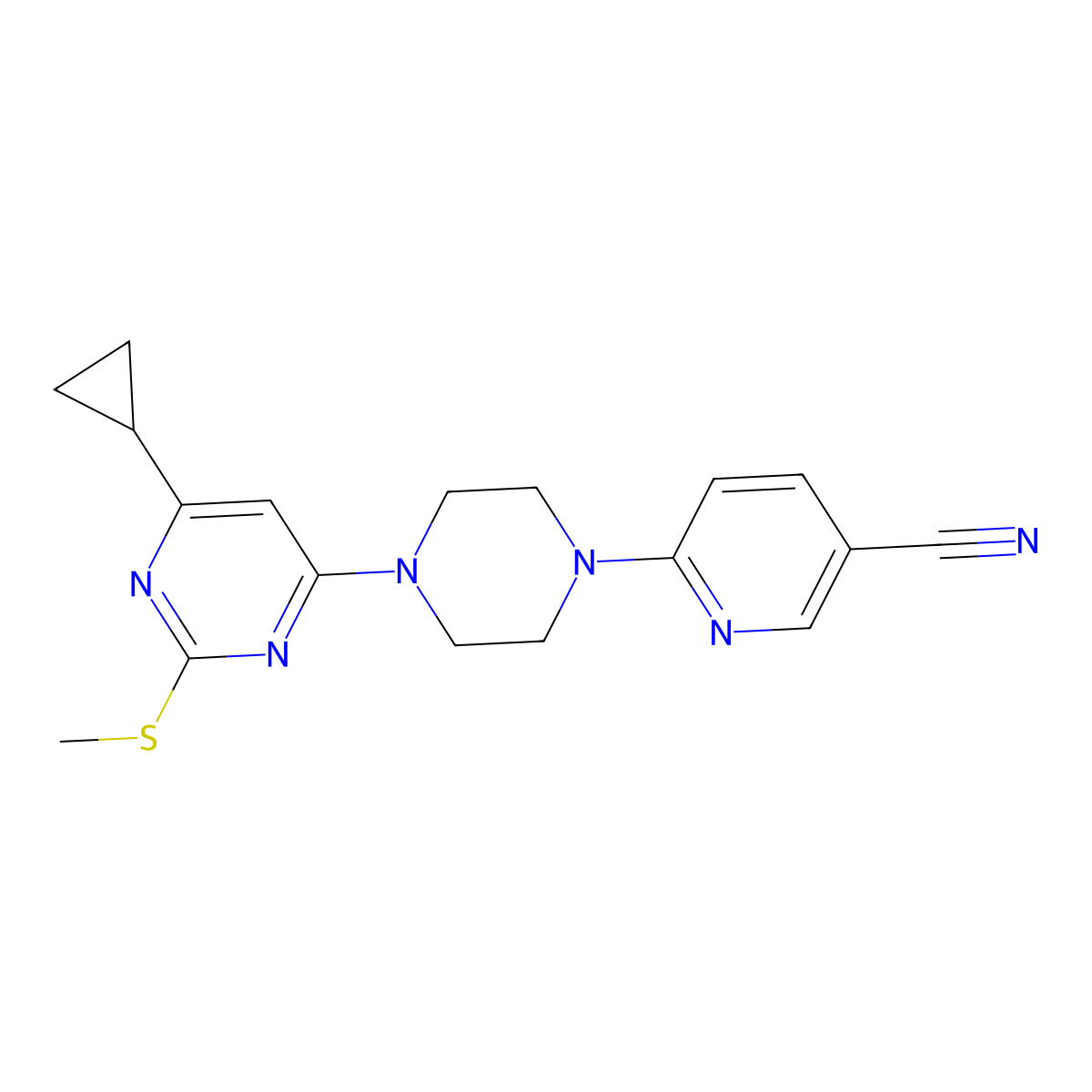 6-{4-[6-Cyclopropyl-2-(methylsulfanyl)pyrimidin-4-yl]piperazin-1-yl}pyridine-3-carbonitrile molecular structure, CAS 2640889-23-0