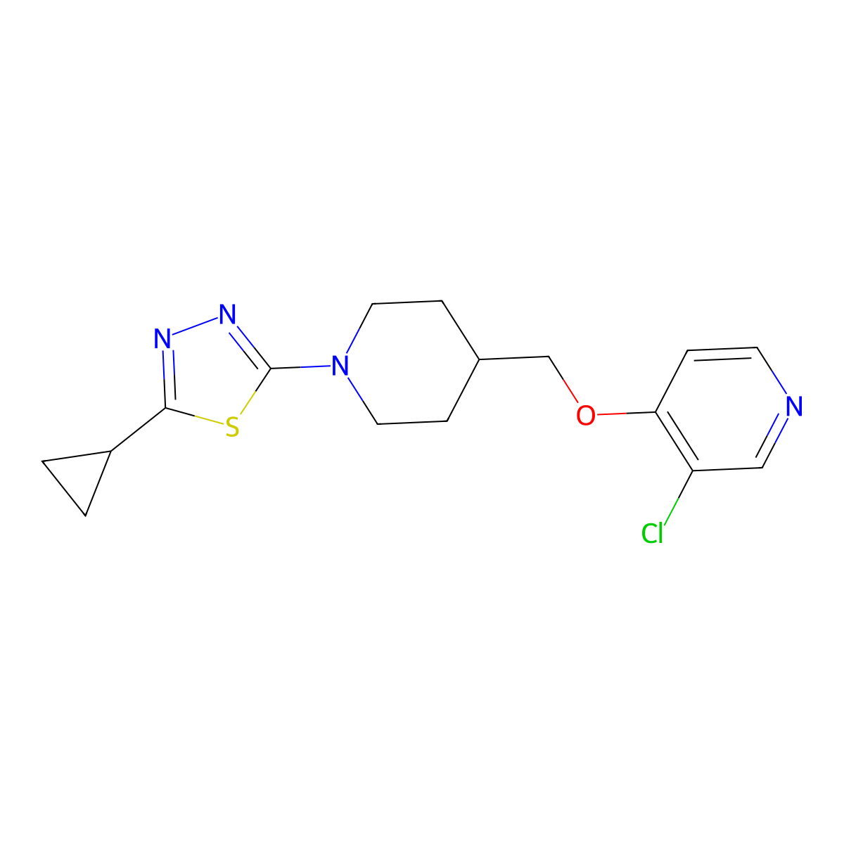 3-Chloro-4-{[1-(5-cyclopropyl-1,3,4-thiadiazol-2-yl)piperidin-4-yl]methoxy}pyridine molecular structure, CAS 2640889-24-1