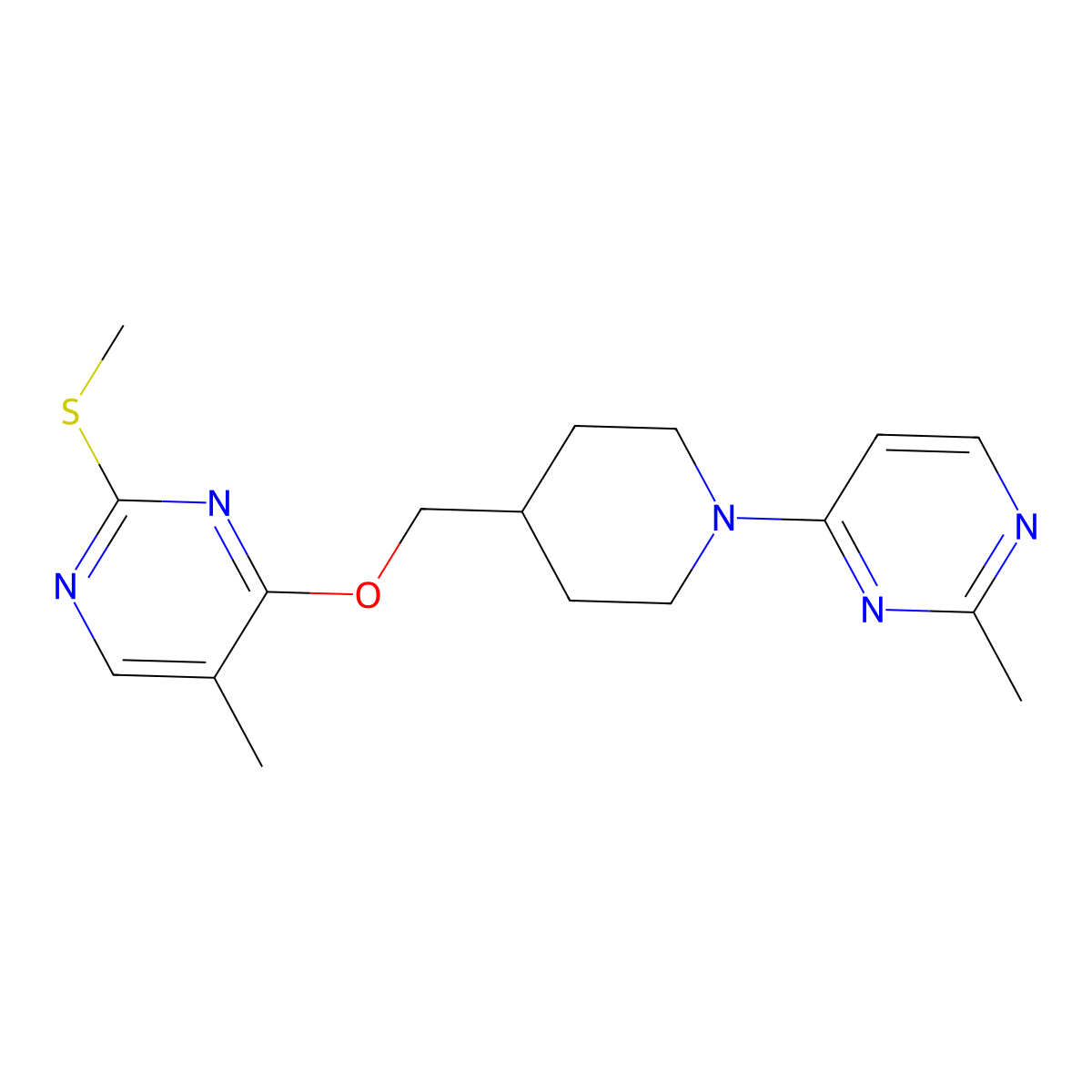 2-Methyl-4-[4-({[5-methyl-2-(methylsulfanyl)pyrimidin-4-yl]oxy}methyl)piperidin-1-yl]pyrimidine molecular structure, CAS 2640889-28-5