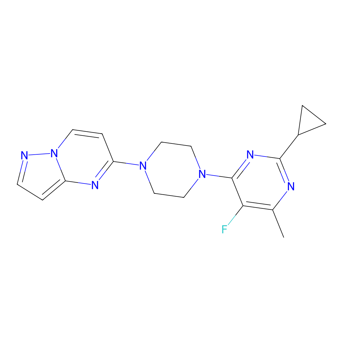 2-Cyclopropyl-5-fluoro-4-methyl-6-(4-{pyrazolo[1,5-a]pyrimidin-5-yl}piperazin-1-yl)pyrimidine molecular structure, CAS 2640889-29-6