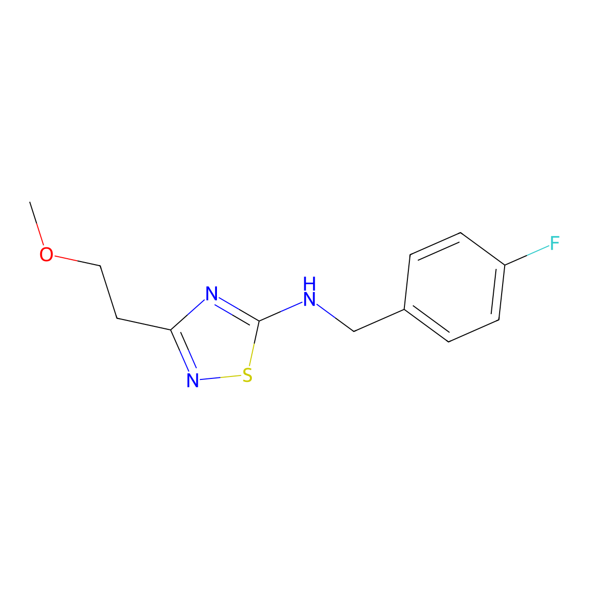 N-[(4-fluorophenyl)methyl]-3-(2-methoxyethyl)-1,2,4-thiadiazol-5-amine molecular structure, CAS 2640889-31-0