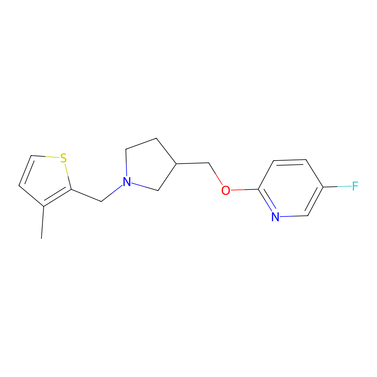 5-Fluoro-2-({1-[(3-methylthiophen-2-yl)methyl]pyrrolidin-3-yl}methoxy)pyridine molecular structure, CAS 2640889-33-2