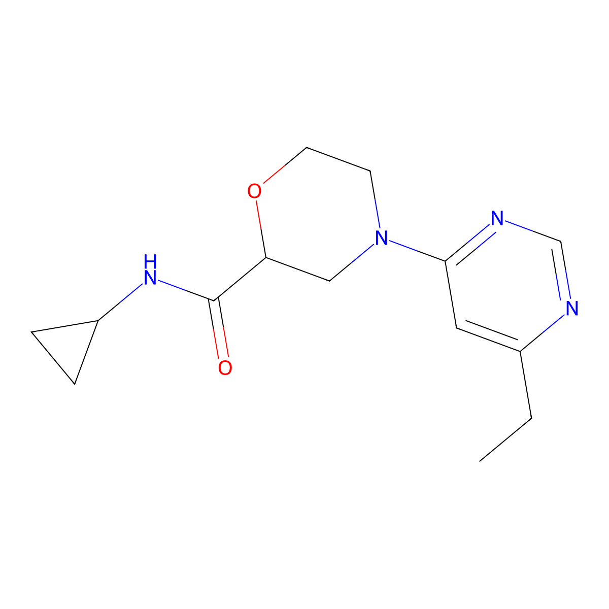 N-cyclopropyl-4-(6-ethylpyrimidin-4-yl)morpholine-2-carboxamide molecular structure, CAS 2640889-36-5
