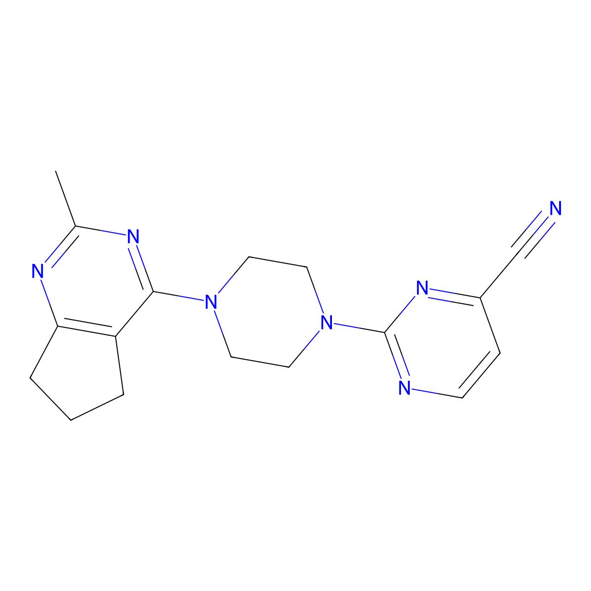 2-(4-{2-methyl-5H,6H,7H-cyclopenta[d]pyrimidin-4-yl}piperazin-1-yl)pyrimidine-4-carbonitrile molecular structure, CAS 2640889-41-2