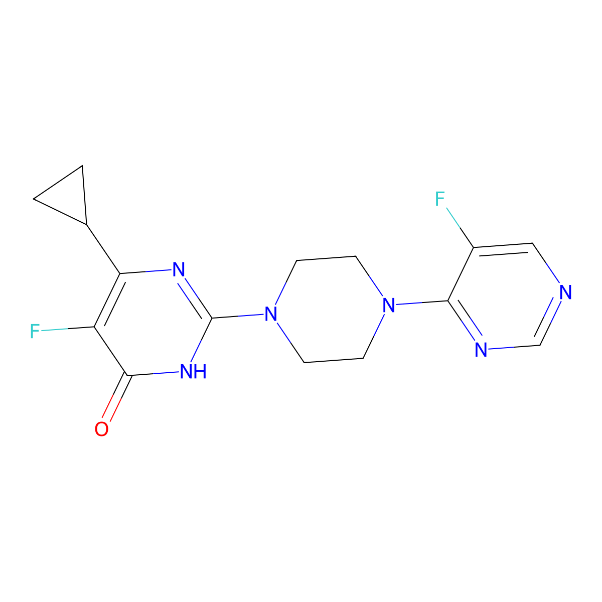 6-Cyclopropyl-5-fluoro-2-[4-(5-fluoropyrimidin-4-yl)piperazin-1-yl]-3,4-dihydropyrimidin-4-one molecular structure, CAS 2640889-46-7