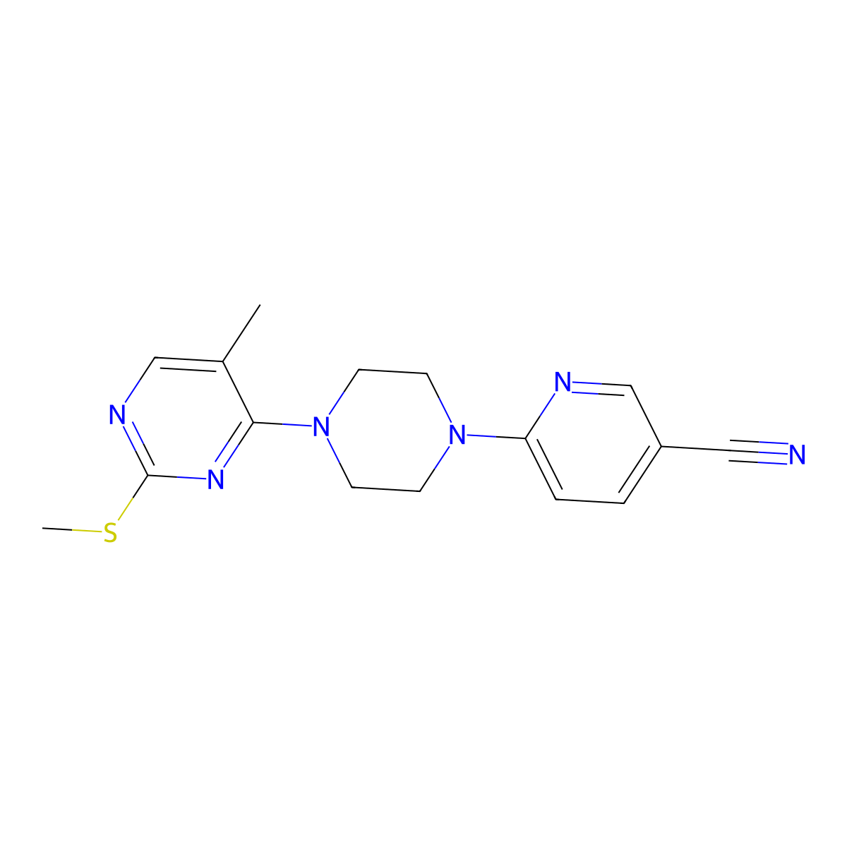 6-{4-[5-Methyl-2-(methylsulfanyl)pyrimidin-4-yl]piperazin-1-yl}pyridine-3-carbonitrile molecular structure, CAS 2640889-49-0