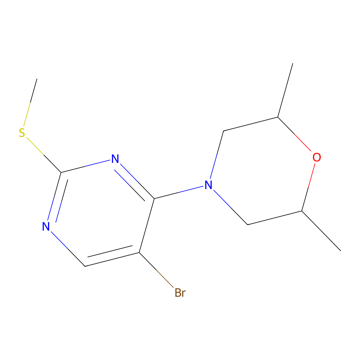 4-[5-Bromo-2-(methylsulfanyl)pyrimidin-4-yl]-2,6-dimethylmorpholine molecular structure, CAS 2640889-50-3