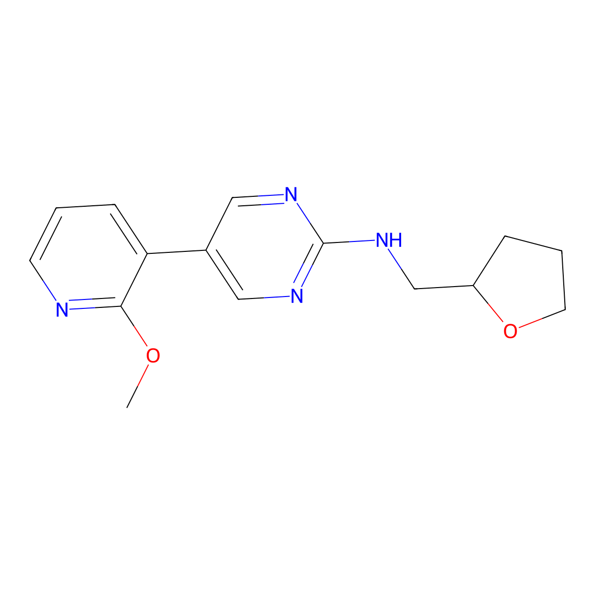 5-(2-methoxypyridin-3-yl)-N-[(oxolan-2-yl)methyl]pyrimidin-2-amine molecular structure, CAS 2640889-56-9