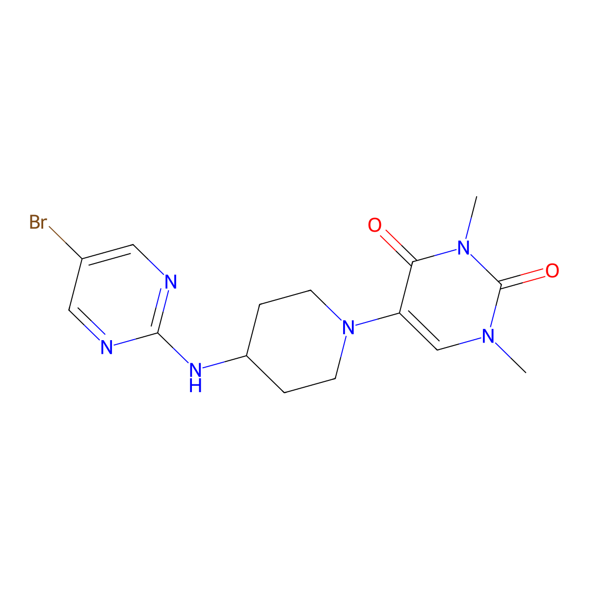 5-{4-[(5-Bromopyrimidin-2-yl)amino]piperidin-1-yl}-1,3-dimethyl-1,2,3,4-tetrahydropyrimidine-2,4-dione molecular structure, CAS 2640889-57-0