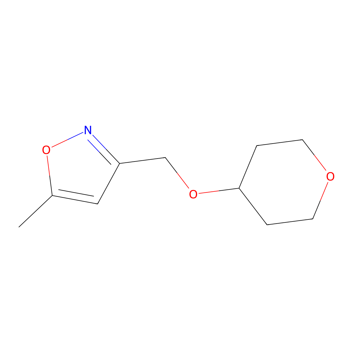 5-Methyl-3-[(oxan-4-yloxy)methyl]-1,2-oxazole molecular structure, CAS 2640889-59-2