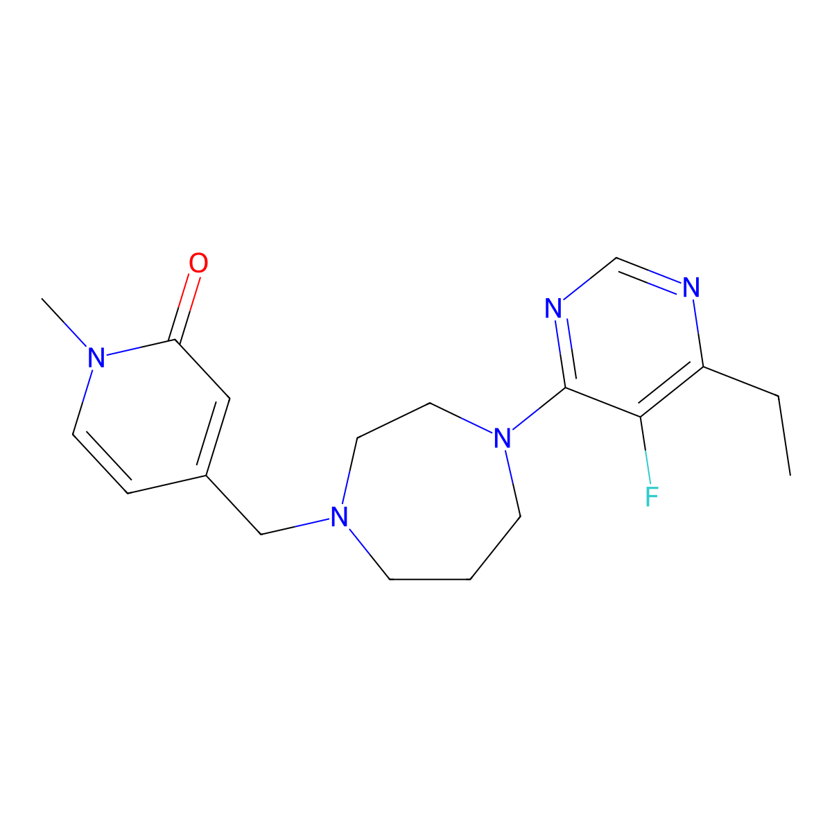 4-{[4-(6-Ethyl-5-fluoropyrimidin-4-yl)-1,4-diazepan-1-yl]methyl}-1-methyl-1,2-dihydropyridin-2-one molecular structure, CAS 2640889-62-7