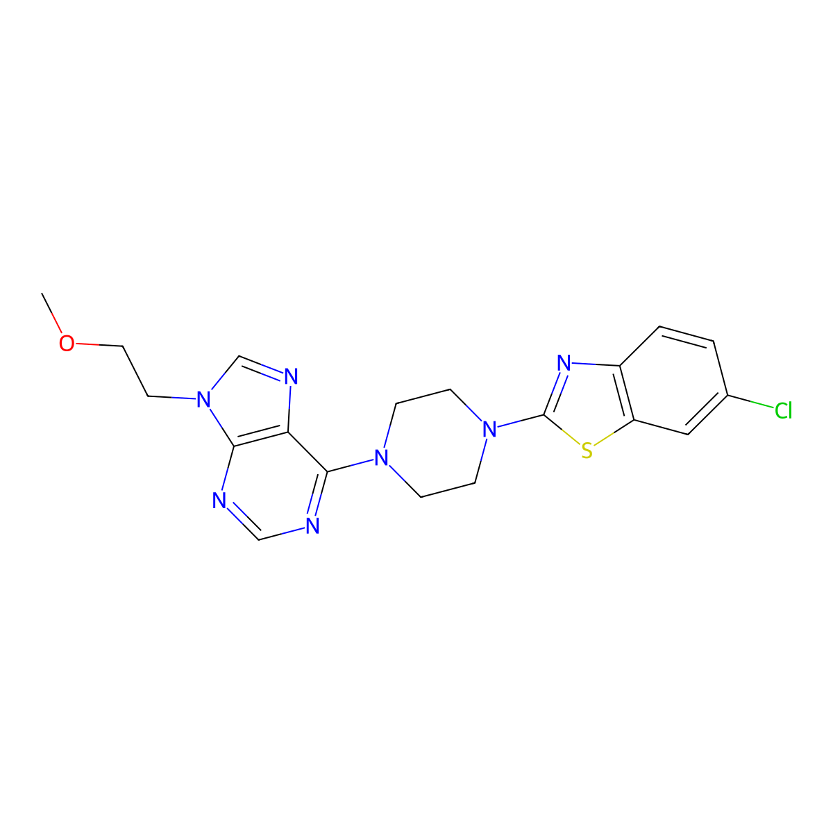 6-[4-(6-chloro-1,3-benzothiazol-2-yl)piperazin-1-yl]-9-(2-methoxyethyl)-9H-purine molecular structure, CAS 2640889-63-8