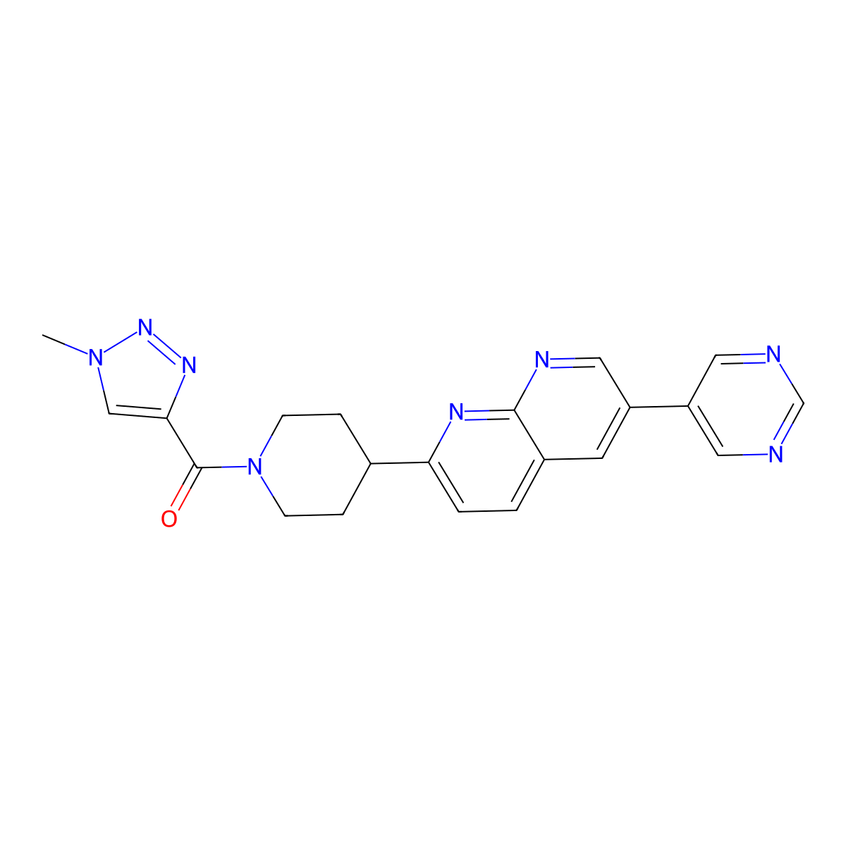 2-[1-(1-methyl-1H-1,2,3-triazole-4-carbonyl)piperidin-4-yl]-6-(pyrimidin-5-yl)-1,8-naphthyridine molecular structure, CAS 2640889-64-9
