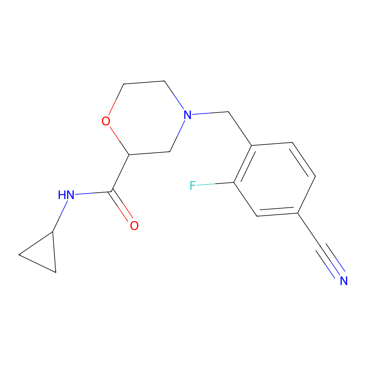 4-[(4-cyano-2-fluorophenyl)methyl]-N-cyclopropylmorpholine-2-carboxamide molecular structure, CAS 2640889-67-2