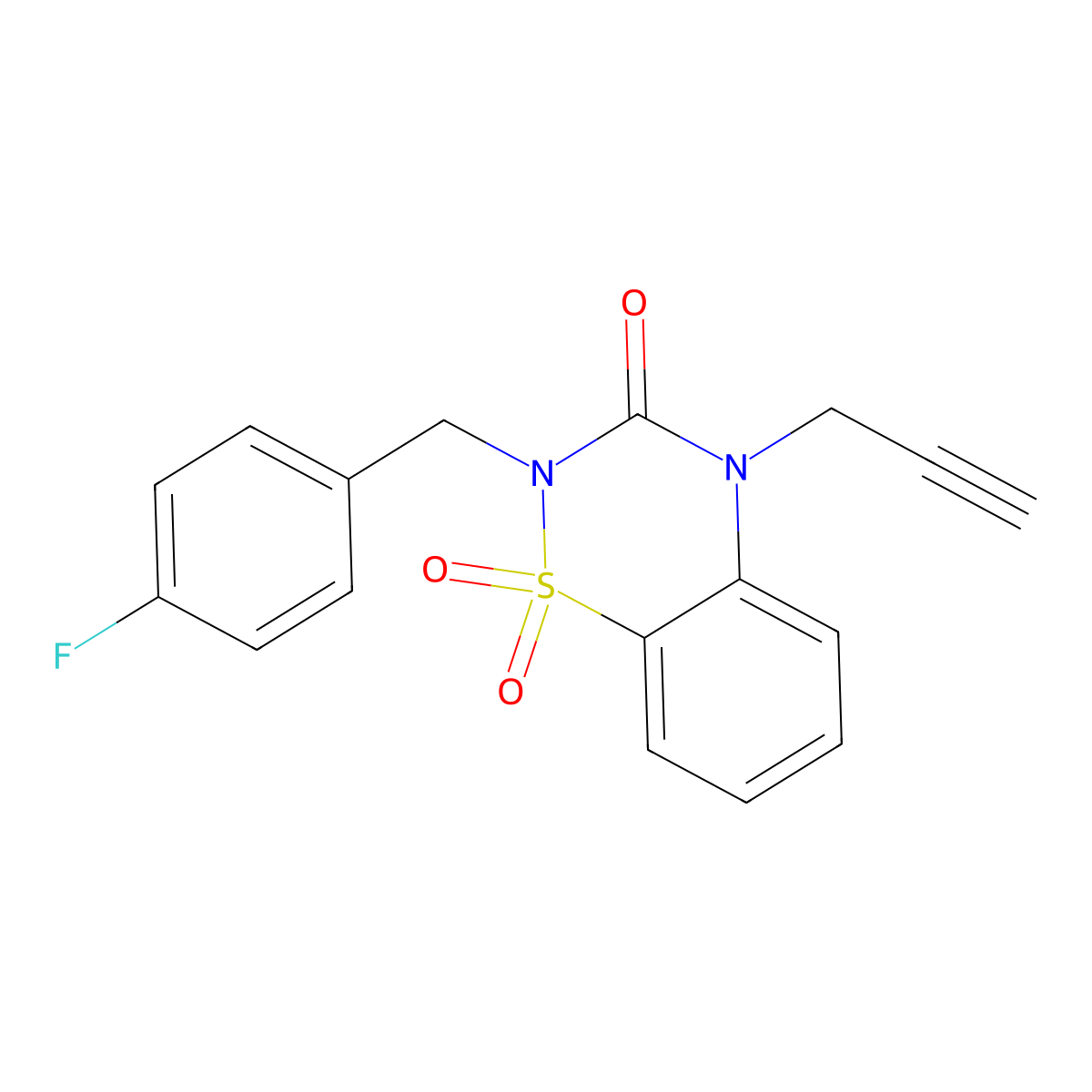 2-[(4-Fluorophenyl)methyl]-1,1-dioxo-4-prop-2-ynyl-1lambda6,2,4-benzothiadiazin-3-one molecular structure, CAS 2640889-74-1