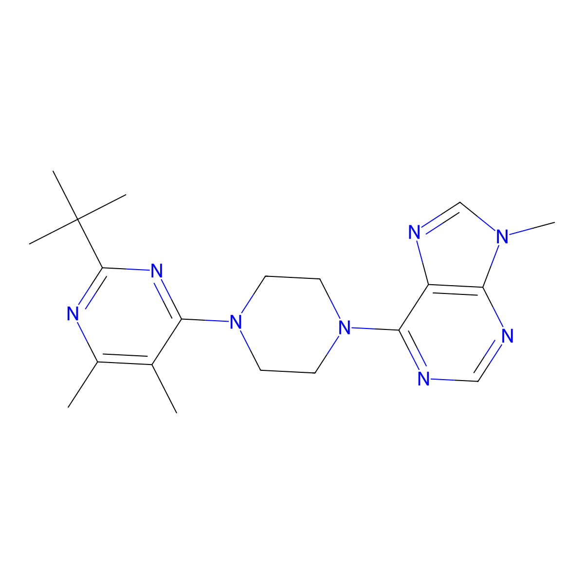 6-[4-(2-tert-butyl-5,6-dimethylpyrimidin-4-yl)piperazin-1-yl]-9-methyl-9H-purine molecular structure, CAS 2640889-84-3