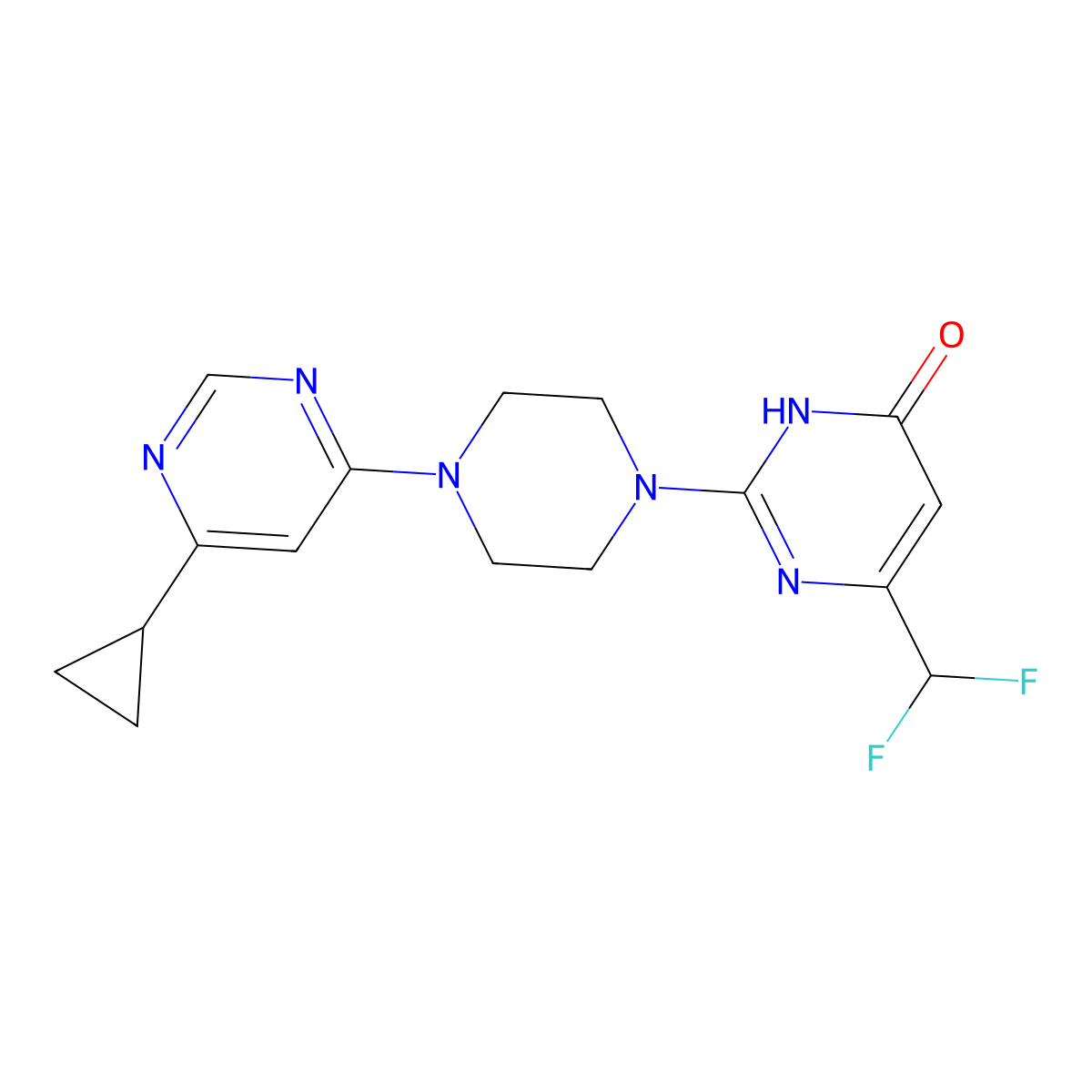 2-[4-(6-Cyclopropylpyrimidin-4-yl)piperazin-1-yl]-6-(difluoromethyl)-3,4-dihydropyrimidin-4-one molecular structure, CAS 2640889-85-4