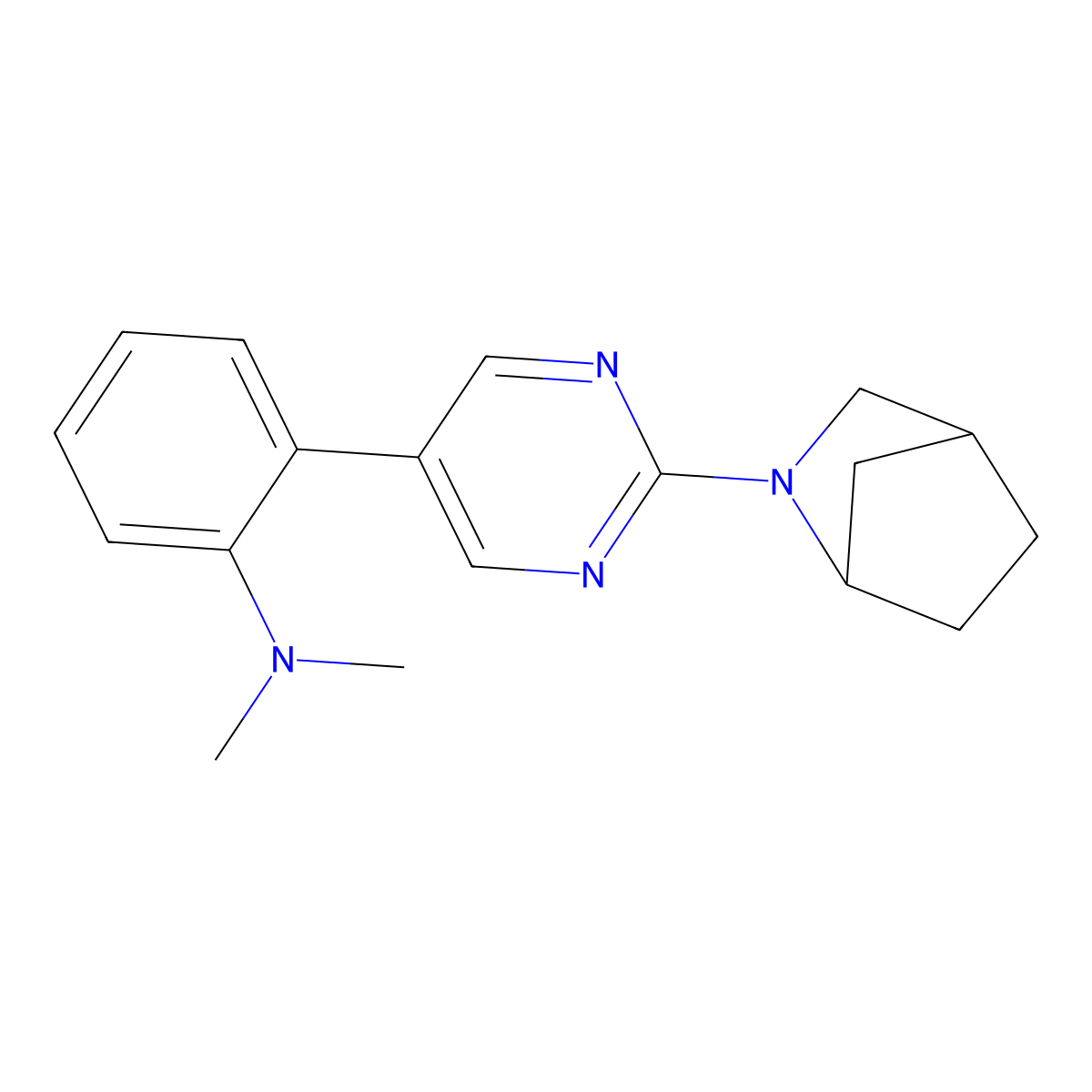 2-(2-{2-azabicyclo[2.2.1]heptan-2-yl}pyrimidin-5-yl)-N,N-dimethylaniline molecular structure, CAS 2640889-87-6