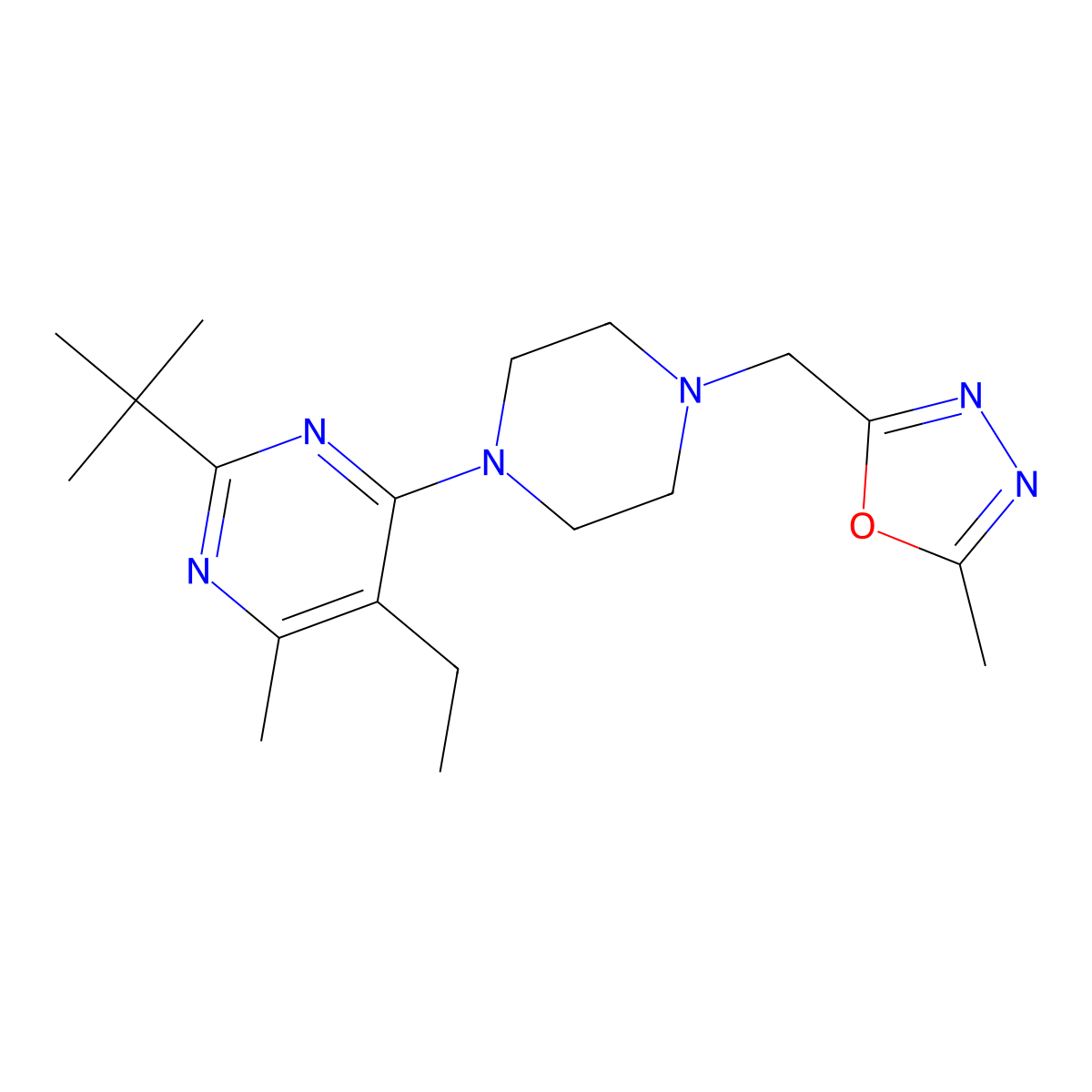 2-Tert-butyl-5-ethyl-4-methyl-6-{4-[(5-methyl-1,3,4-oxadiazol-2-yl)methyl]piperazin-1-yl}pyrimidine molecular structure, CAS 2640889-88-7
