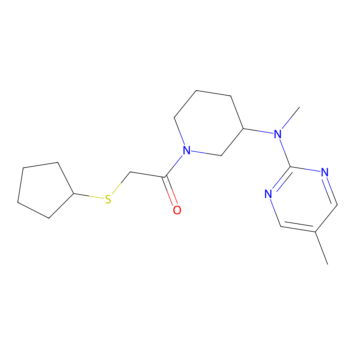 2-(Cyclopentylsulfanyl)-1-{3-[methyl(5-methylpyrimidin-2-yl)amino]piperidin-1-yl}ethan-1-one molecular structure, CAS 2640891-71-8