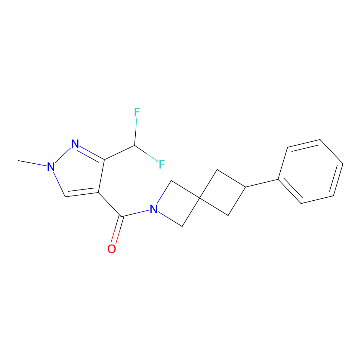 2-[3-(difluoromethyl)-1-methyl-1H-pyrazole-4-carbonyl]-6-phenyl-2-azaspiro[3.3]heptane molecular structure, CAS 2640891-77-4