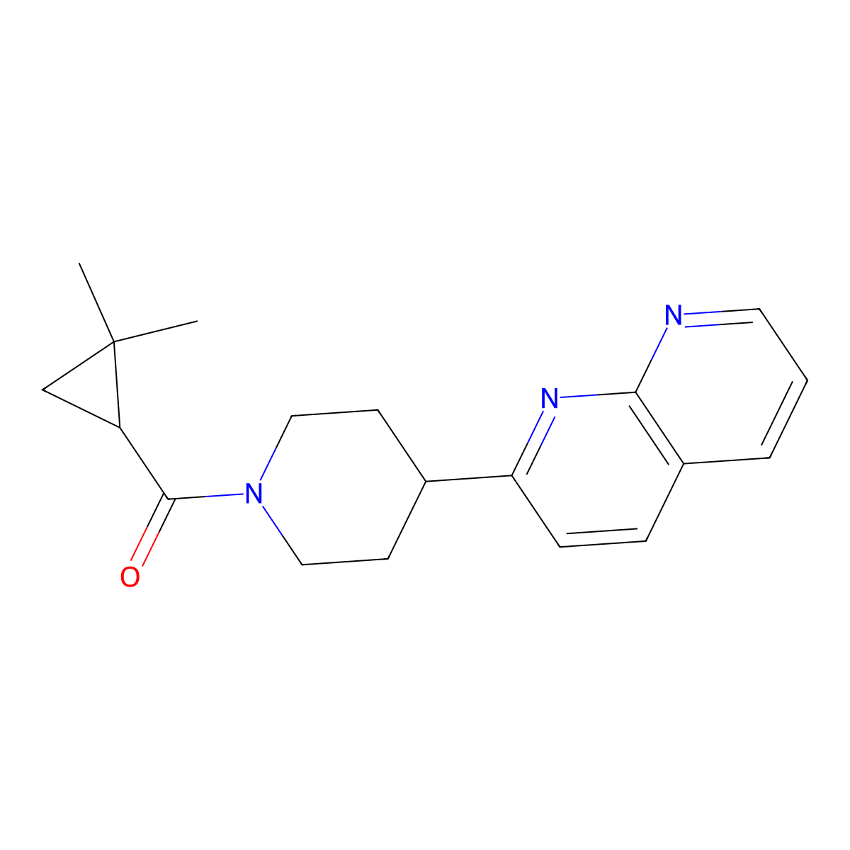 2-[1-(2,2-Dimethylcyclopropanecarbonyl)piperidin-4-yl]-1,8-naphthyridine molecular structure, CAS 2640891-81-0