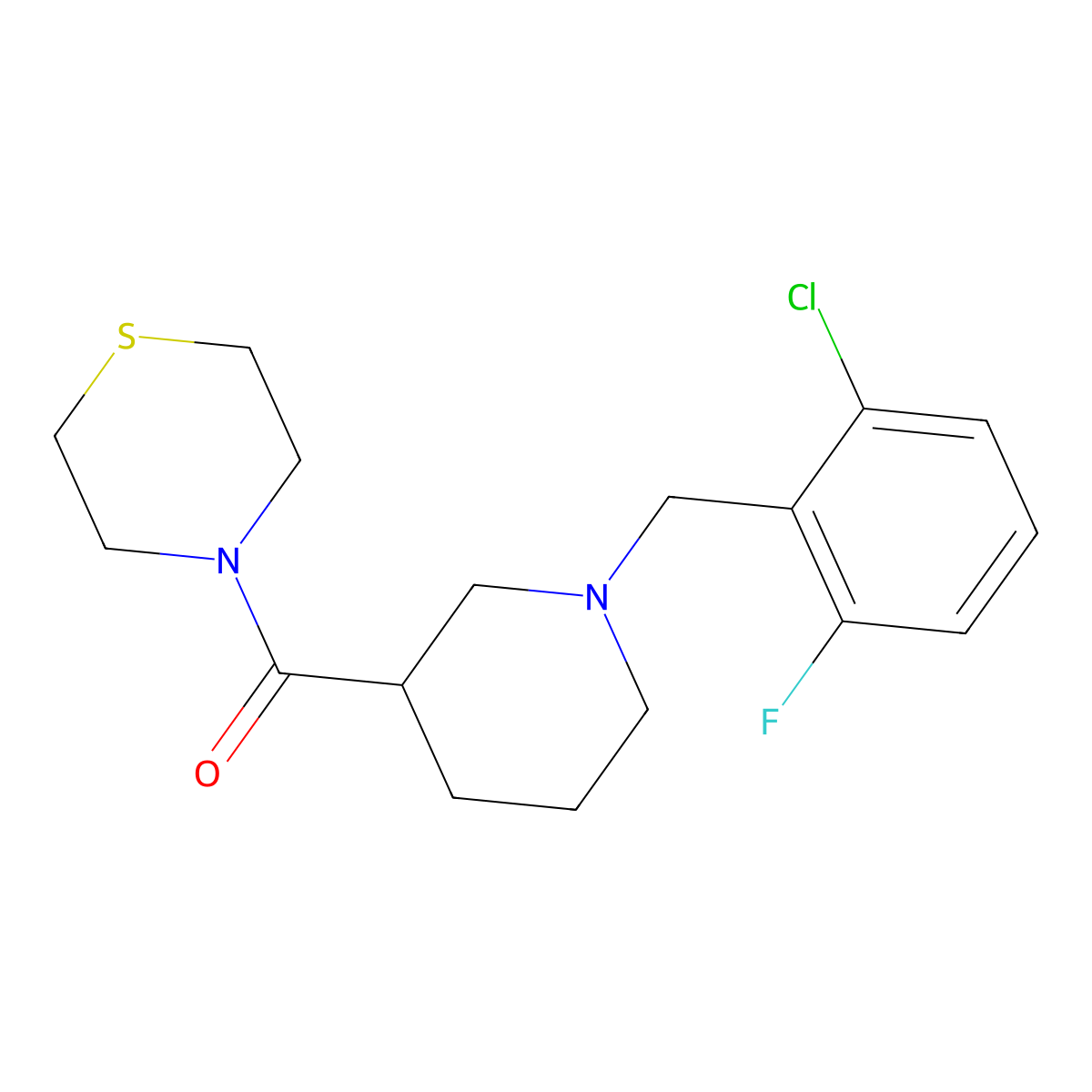 4-{1-[(2-Chloro-6-fluorophenyl)methyl]piperidine-3-carbonyl}thiomorpholine molecular structure, CAS 2640891-82-1