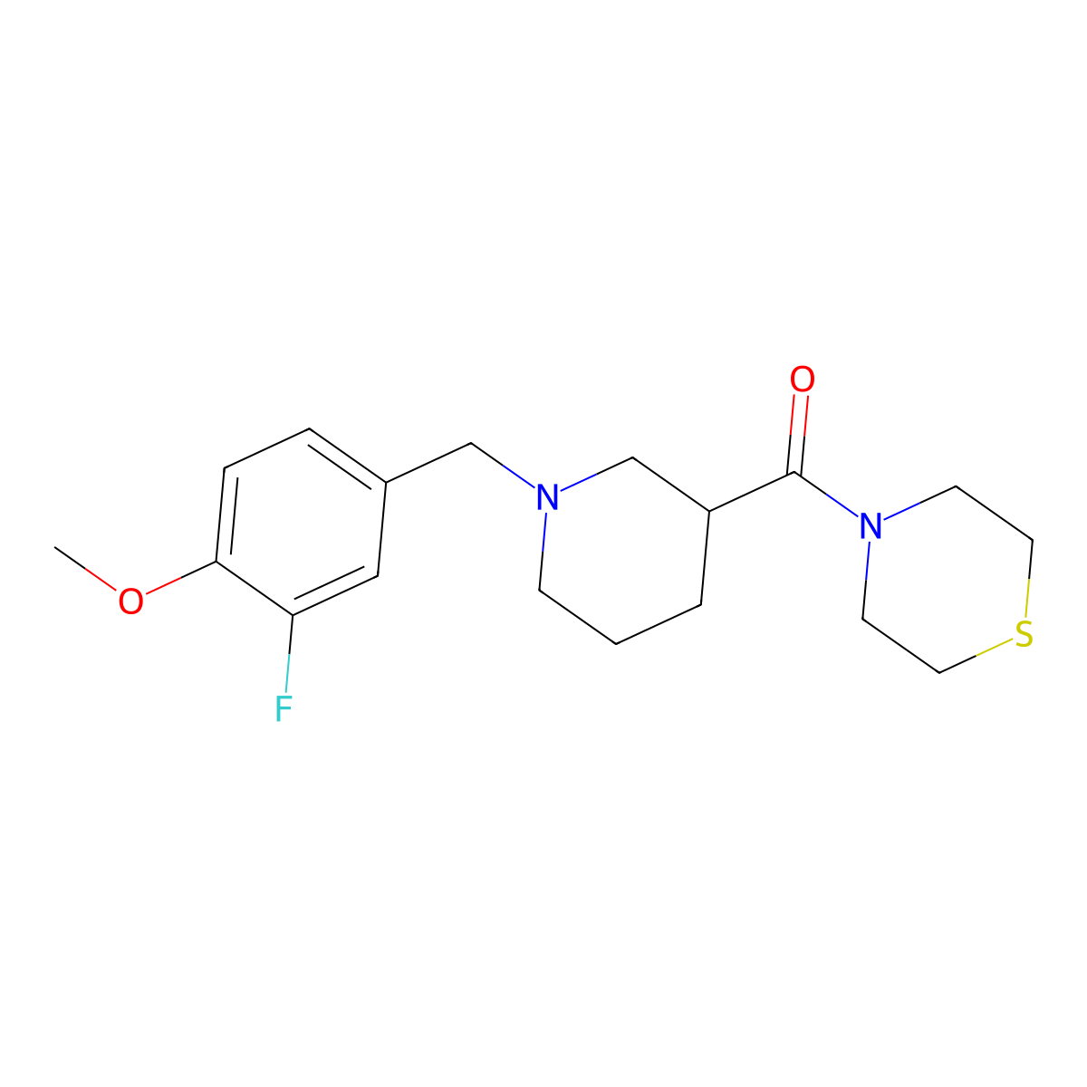 4-{1-[(3-Fluoro-4-methoxyphenyl)methyl]piperidine-3-carbonyl}thiomorpholine molecular structure, CAS 2640891-83-2