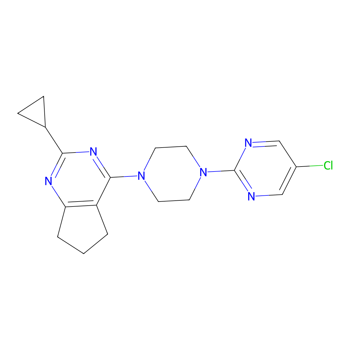 5-chloro-2-(4-{2-cyclopropyl-5H,6H,7H-cyclopenta[d]pyrimidin-4-yl}piperazin-1-yl)pyrimidine molecular structure, CAS 2640891-86-5