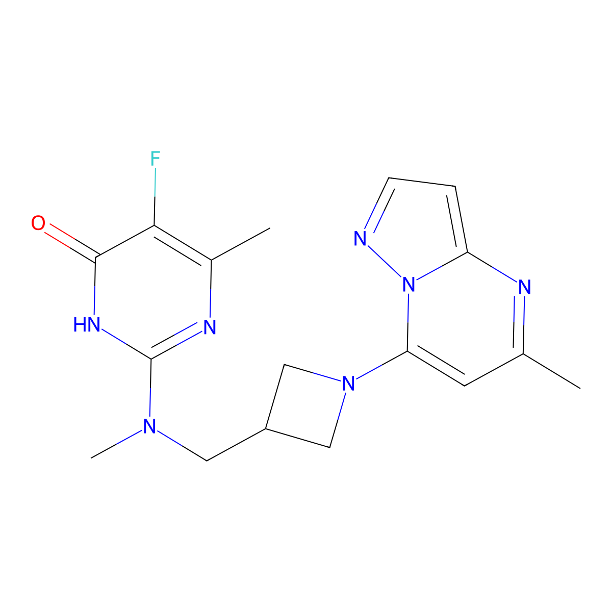 5-Fluoro-6-methyl-2-{methyl[(1-{5-methylpyrazolo[1,5-a]pyrimidin-7-yl}azetidin-3-yl)methyl]amino}-3,4-dihydropyrimidin-4-one molecular structure, CAS 2640891-93-4