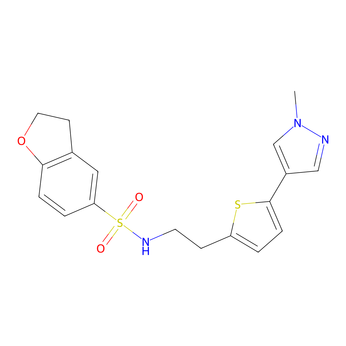 N-{2-[5-(1-methyl-1H-pyrazol-4-yl)thiophen-2-yl]ethyl}-2,3-dihydro-1-benzofuran-5-sulfonamide molecular structure, CAS 2640891-94-5