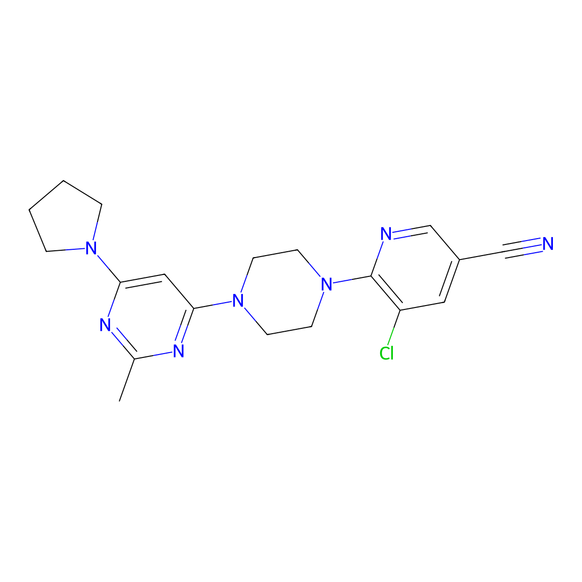 5-Chloro-6-{4-[2-methyl-6-(pyrrolidin-1-yl)pyrimidin-4-yl]piperazin-1-yl}pyridine-3-carbonitrile molecular structure, CAS 2640892-01-7