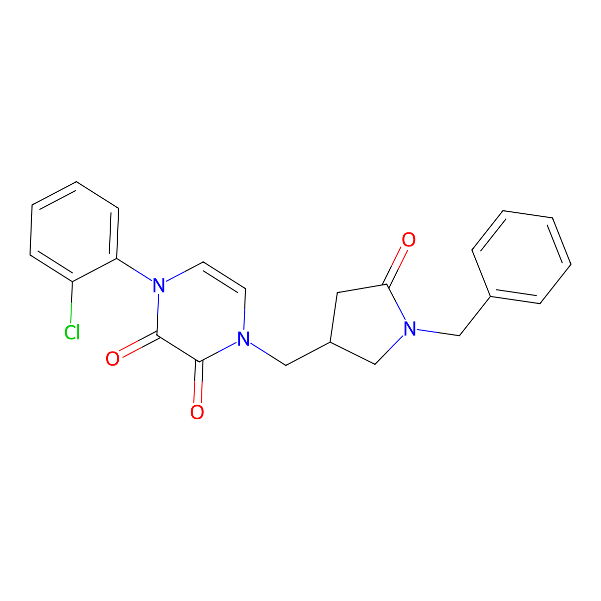 1-[(1-Benzyl-5-oxopyrrolidin-3-yl)methyl]-4-(2-chlorophenyl)-1,2,3,4-tetrahydropyrazine-2,3-dione molecular structure, CAS 2640892-04-0