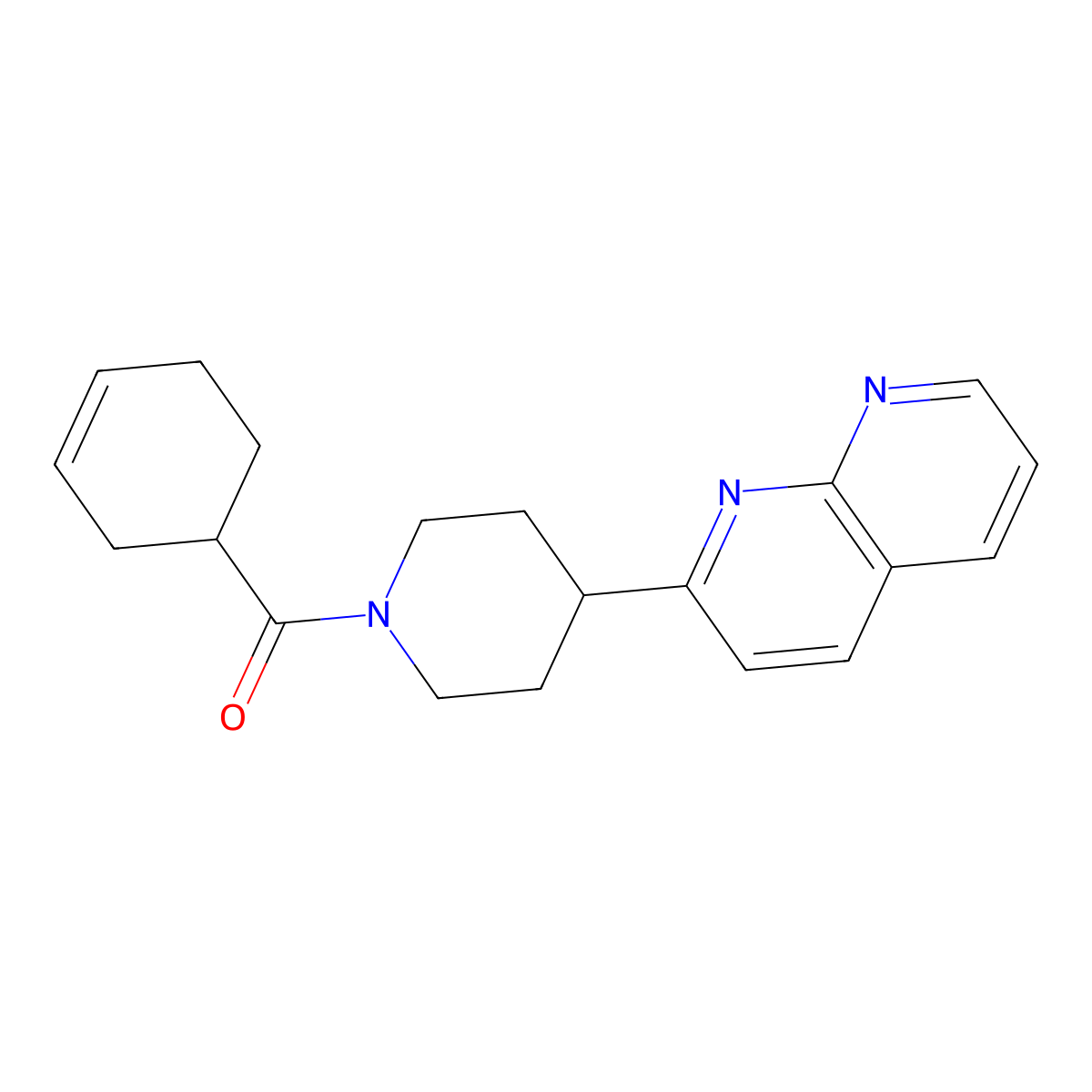 2-[1-(Cyclohex-3-ene-1-carbonyl)piperidin-4-yl]-1,8-naphthyridine molecular structure, CAS 2640892-06-2