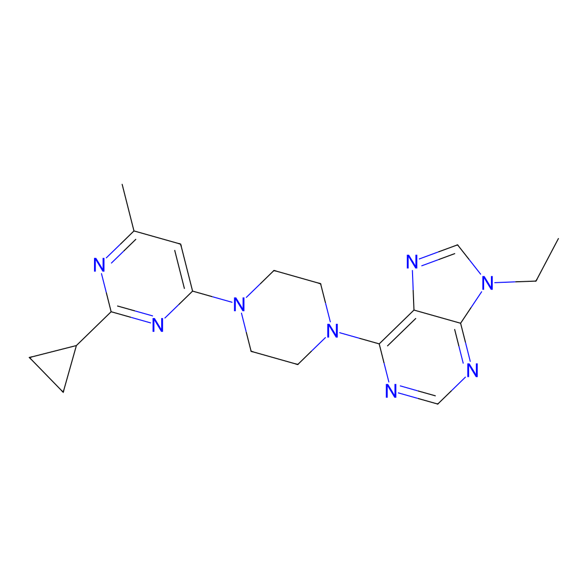 6-[4-(2-cyclopropyl-6-methylpyrimidin-4-yl)piperazin-1-yl]-9-ethyl-9H-purine molecular structure, CAS 2640892-07-3