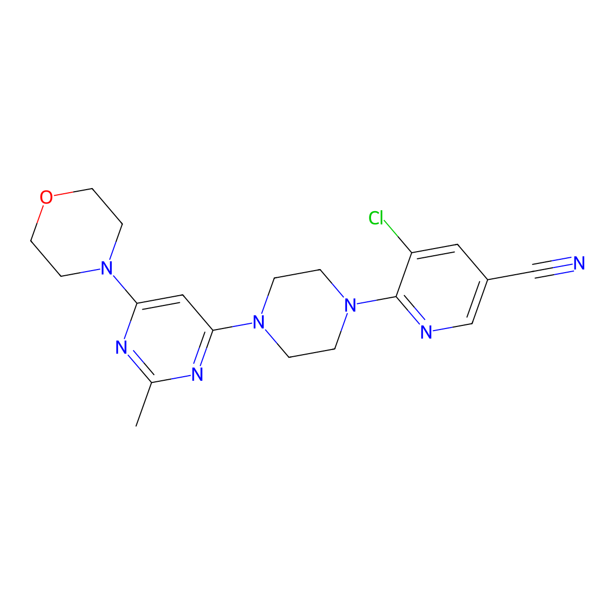 5-Chloro-6-{4-[2-methyl-6-(morpholin-4-yl)pyrimidin-4-yl]piperazin-1-yl}pyridine-3-carbonitrile molecular structure, CAS 2640892-09-5